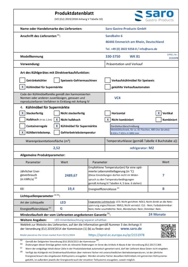 weinkühlschrank wk 81 – 400 l, glasfront mit edelstahlrahmen – saro