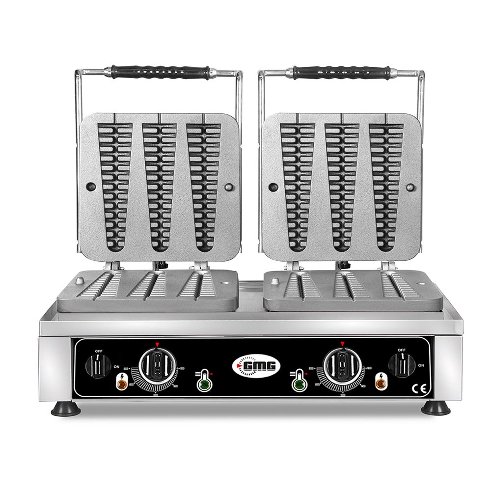 GMG Waffeleisen Waffelino – 6x (23 x 6 x 2,4 cm), 50° bis 300°C Feste Backplatte aus Gusseisen, Fettfangrinne, Gehäuse Edelstahl