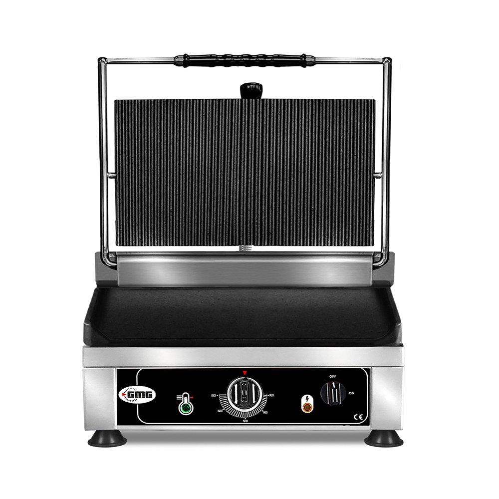 GMG Kontaktgrill – ▲ Gerillt  ▼ Glatt, Mit Grillplatten aus Gusseisen, Fettauffangschale und Temperaturregelung 50°, 300° C