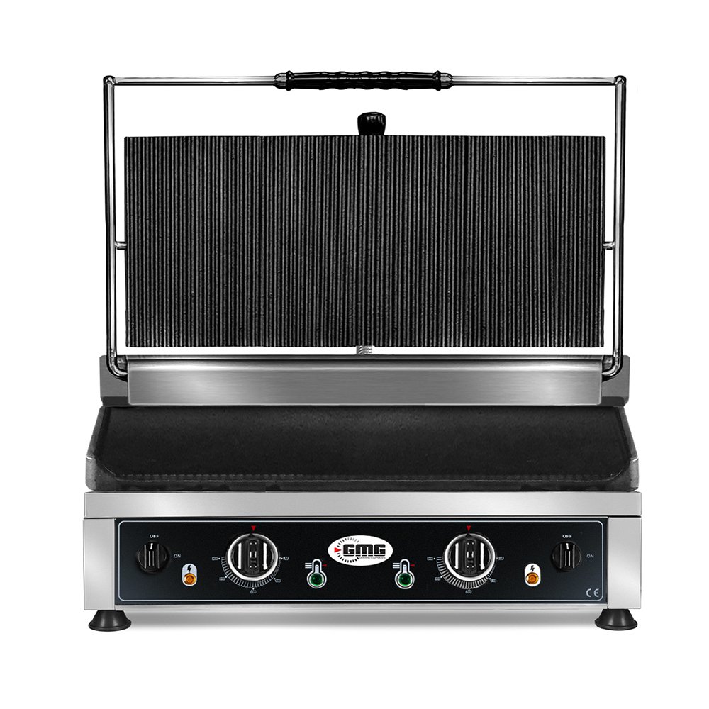GMG Kontaktgrill – ▲ Gerillt  ▼ Glatt, Mit Grillplatten aus Gusseisen, Fettauffangschale und Temperaturregelung 50°, 300° C