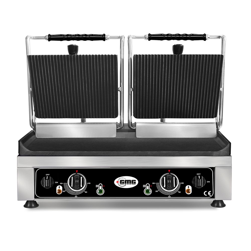 GMG Doppel-Kontaktgrill – ▲Gerillt ▼Glatt, Mit Grillplatten aus Gusseisen, Fettauffangschale und Temperaturregelung 50°, 300° C